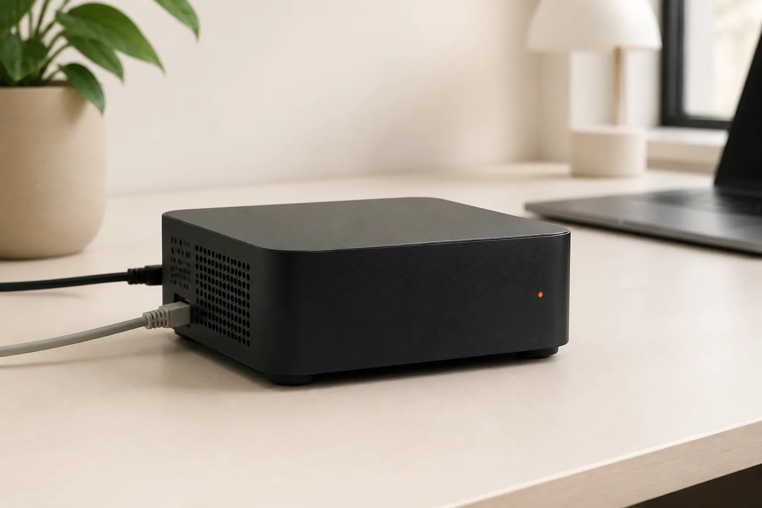 Concept visualization of a compact SelbsAI local AI server connected to power and Ethernet